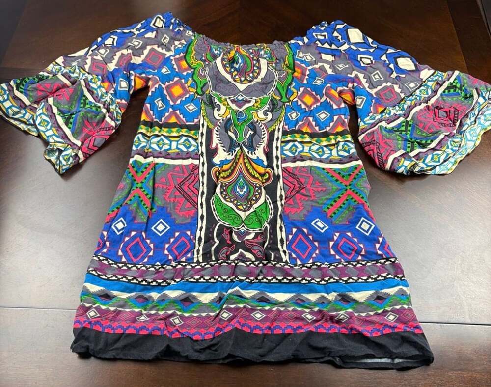 Flying Tomato Women’s Medium Boho Multicolor Geometric Bell Sleeve Shift Dress